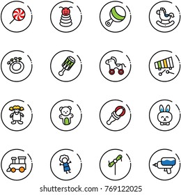 line vector icon set - lollipop vector, pyramid toy, beanbag, rocking horse, wheel, xylophone, doll, bear, rabbit, train, windmill, water gun