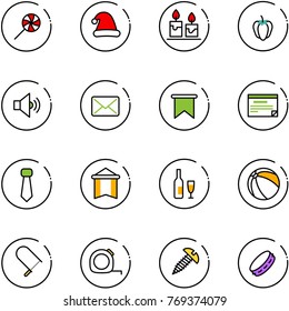 line vector icon set - lollipop vector, christmas hat, candle, sweet pepper, volume medium, mail, flag, schedule, tie, pennant, wine, ball, fretsaw, measuring tape, screw, tambourine