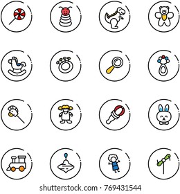line vector icon set - lollipop vector, pyramid toy, dinosaur, bear, rocking horse, beanbag, stick, doll, rabbit, train, wirligig, windmill
