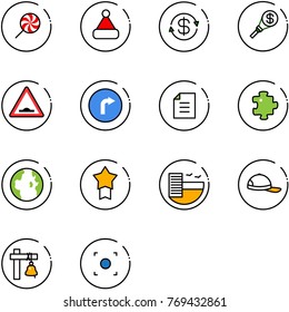 line vector icon set - lollipop vector, christmas hat, dollar exchange, money torch, artificial unevenness road sign, only right, document, puzzle, globe, star medal, hotel, cap, ship bell