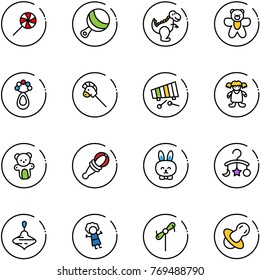 line vector icon set - lollipop vector, beanbag, dinosaur toy, bear, horse stick, xylophone, doll, rabbit, baby carousel, wirligig, windmill, soother