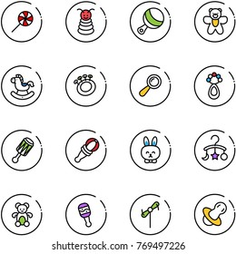 line vector icon set - lollipop vector, pyramid toy, beanbag, bear, rocking horse, rabbit, baby carousel, windmill, soother