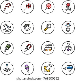 line vector icon set - lollipop vector, pyramid toy, rocking horse, beanbag, train, baby carousel, wirligig, soother, water gun