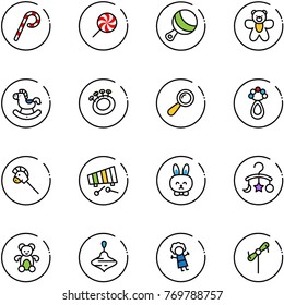 line vector icon set - lollipop vector, beanbag, bear toy, rocking horse, stick, xylophone, rabbit, baby carousel, wirligig, doll, windmill