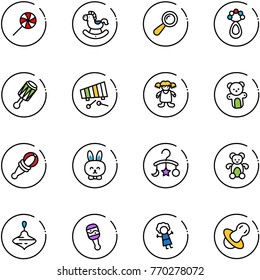 line vector icon set - lollipop vector, rocking horse, beanbag, xylophone, doll, bear toy, rabbit, baby carousel, wirligig, soother