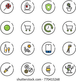 line vector icon set - lollipop vector, tea, shield cross, flower pot, record, cart, clock around, wine, beach, mobile phone, plumber, clinch, rivet, allen key set, robot