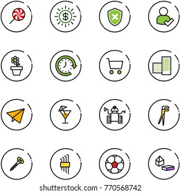 line vector icon set - lollipop vector, dollar sun, shield cross, user check, flower pot, clock around, cart, building, paper fly, drink, robot, plumber, screw, allen key set, soccer ball