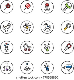 line vector icon set - lollipop vector, pyramid toy, beanbag, dinosaur, bear, rocking horse, wheel, baby carousel, wirligig, doll, water gun