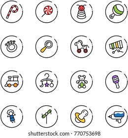 line vector icon set - lollipop vector, pyramid toy, beanbag, wheel horse, xylophone, train, baby carousel, bear, doll, windmill, soother, water gun