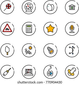 line vector icon set - lollipop vector, snowball, eggs, bank, road for moto sign, calculator, star medal, microphone, ice cream, beach, shell, bezier, screwdriver, abacus, yoyo, soother