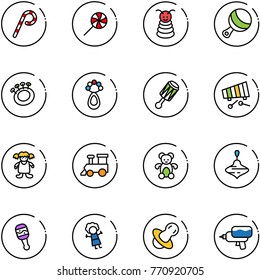 line vector icon set - lollipop vector, pyramid toy, beanbag, xylophone, doll, train, bear, wirligig, soother, water gun