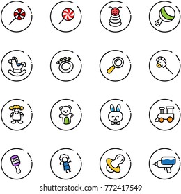 line vector icon set - lollipop vector, pyramid toy, beanbag, rocking horse, stick, doll, bear, rabbit, train, soother, water gun