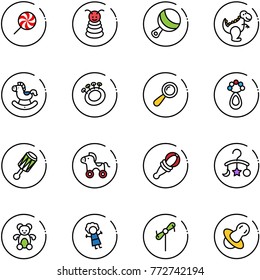 line vector icon set - lollipop vector, pyramid toy, beanbag, dinosaur, rocking horse, wheel, baby carousel, bear, doll, windmill, soother