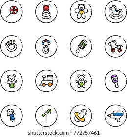 line vector icon set - lollipop vector, pyramid toy, bear, rocking horse, beanbag, wheel, train, doll, windmill, soother, water gun