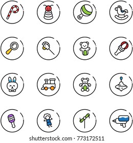 line vector icon set - lollipop vector, pyramid toy, beanbag, rocking horse, stick, bear, rabbit, train, wirligig, doll, windmill, water gun