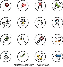 line vector icon set - lollipop vector, pyramid toy, beanbag, dinosaur, bear, horse stick, train, wirligig, windmill, soother, water gun