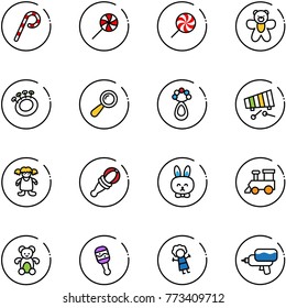 line vector icon set - lollipop vector, bear toy, beanbag, xylophone, doll, rabbit, train, water gun