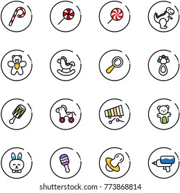line vector icon set - lollipop vector, dinosaur toy, bear, rocking horse, beanbag, wheel, xylophone, rabbit, soother, water gun