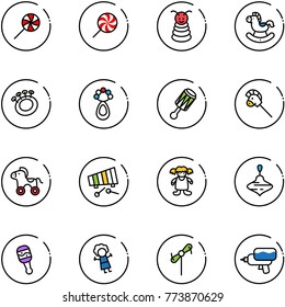 line vector icon set - lollipop vector, pyramid toy, rocking horse, beanbag, stick, wheel, xylophone, doll, wirligig, windmill, water gun