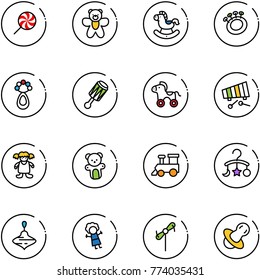 line vector icon set - lollipop vector, bear toy, rocking horse, beanbag, wheel, xylophone, doll, train, baby carousel, wirligig, windmill, soother