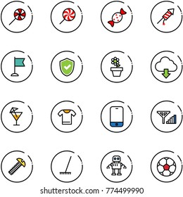 line vector icon set - lollipop vector, candy, firework rocket, flag, shield check, flower pot, download cloud, drink, t shirt, mobile phone, fine signal, screw, rake, robot, soccer ball