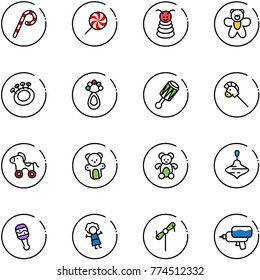 line vector icon set - lollipop vector, pyramid toy, bear, beanbag, horse stick, wheel, wirligig, doll, windmill, water gun