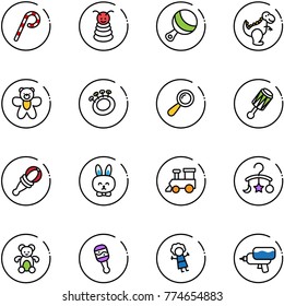 line vector icon set - lollipop vector, pyramid toy, beanbag, dinosaur, bear, rabbit, train, baby carousel, doll, water gun