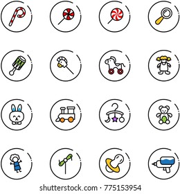 line vector icon set - lollipop vector, beanbag, horse stick toy, wheel, doll, rabbit, train, baby carousel, bear, windmill, soother, water gun