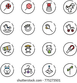 line vector icon set - lollipop vector, pyramid toy, dinosaur, rocking horse, beanbag, stick, wheel, xylophone, doll, bear, rabbit, baby carousel, wirligig, windmill