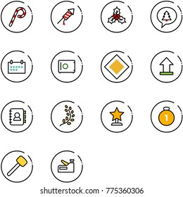 line vector icon set - lollipop vector, firework rocket, holly, merry christmas message, schedule, safe, main road sign, uplooad, contact book, golden branch, award, gold medal, rubber hammer