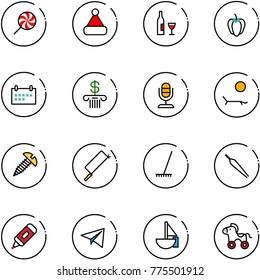 line vector icon set - lollipop vector, christmas hat, wine, sweet pepper, schedule, bank, microphone, lounger, screw, metal hacksaw, rake, forceps, marker, paper plane, sailboat toy, wheel horse