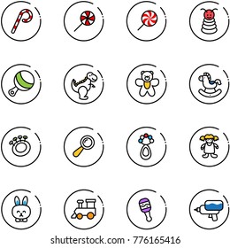 line vector icon set - lollipop vector, pyramid toy, beanbag, dinosaur, bear, rocking horse, doll, rabbit, train, water gun