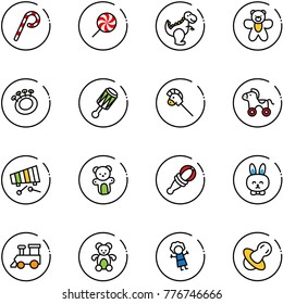 line vector icon set - lollipop vector, dinosaur toy, bear, beanbag, horse stick, wheel, xylophone, rabbit, train, doll, soother