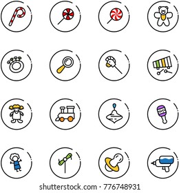 line vector icon set - lollipop vector, bear toy, beanbag, horse stick, xylophone, doll, train, wirligig, windmill, soother, water gun