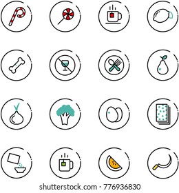 line vector icon set - lollipop vector, tea, lemon, broken bone, no alcohol sign, fork spoon plate, pear, onion, broccoli, eggs, breads, cereal, green, watermelone, sickle