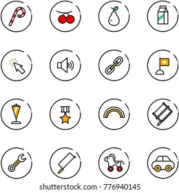 line vector icon set - lollipop vector, rowanberry, pear, milk, cursor, volume medium, link, flag, pennant, star medal, rainbow, bucksaw, wrench, metal hacksaw, wheel horse, car