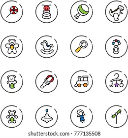line vector icon set - lollipop vector, pyramid toy, beanbag, dinosaur, bear, rocking horse, train, baby carousel, wirligig, doll, windmill