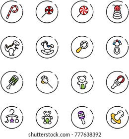 line vector icon set - lollipop vector, pyramid toy, dinosaur, rocking horse, beanbag, stick, bear, baby carousel, soother