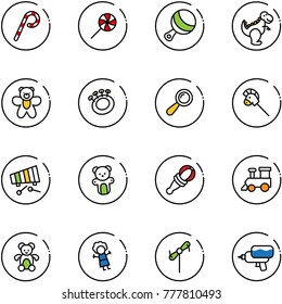 line vector icon set - lollipop vector, beanbag, dinosaur toy, bear, horse stick, xylophone, train, doll, windmill, water gun