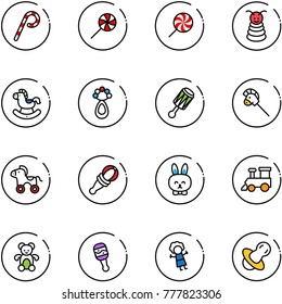 line vector icon set - lollipop vector, pyramid toy, rocking horse, beanbag, stick, wheel, rabbit, train, bear, doll, soother