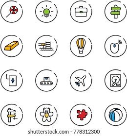 line vector icon set - lollipop vector, bulb, portfolio, signpost, gold, pool, air balloon, mouse wireless, power bank, conveyor, plane, hdd, clamp, bear toy, puzzle, basketball