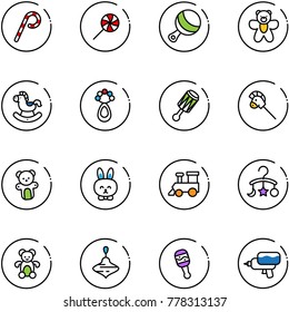 line vector icon set - lollipop vector, beanbag, bear toy, rocking horse, stick, rabbit, train, baby carousel, wirligig, water gun