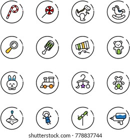 line vector icon set - lollipop vector, dinosaur toy, rocking horse, beanbag, xylophone, bear, rabbit, train, baby carousel, wirligig, doll, windmill, water gun