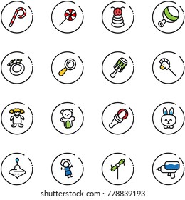 line vector icon set - lollipop vector, pyramid toy, beanbag, horse stick, doll, bear, rabbit, wirligig, windmill, water gun