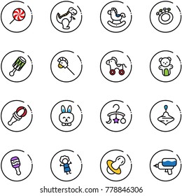 line vector icon set - lollipop vector, dinosaur toy, rocking horse, beanbag, stick, wheel, bear, rabbit, baby carousel, wirligig, doll, soother, water gun