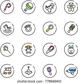 line vector icon set - lollipop vector, beanbag, dinosaur toy, bear, rocking horse, stick, doll, rabbit, train, wirligig, water gun