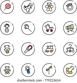 line vector icon set - lollipop vector, dinosaur toy, bear, beanbag, horse stick, wheel, xylophone, train, baby carousel, doll, windmill, soother