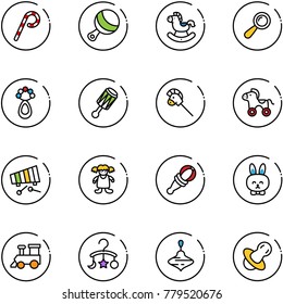 line vector icon set - lollipop vector, beanbag, rocking horse, stick toy, wheel, xylophone, doll, rabbit, train, baby carousel, wirligig, soother
