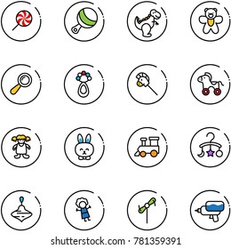 line vector icon set - lollipop vector, beanbag, dinosaur toy, bear, horse stick, wheel, doll, rabbit, train, baby carousel, wirligig, windmill, water gun