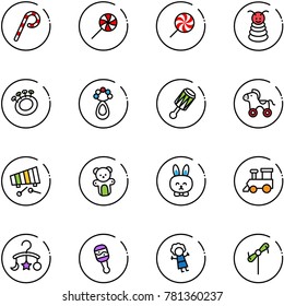 line vector icon set - lollipop vector, pyramid toy, beanbag, wheel horse, xylophone, bear, rabbit, train, baby carousel, doll, windmill